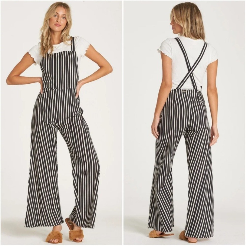 Billabong Still Here Linen Black White Striped Wide Leg Jumpsuit Overall Boho M